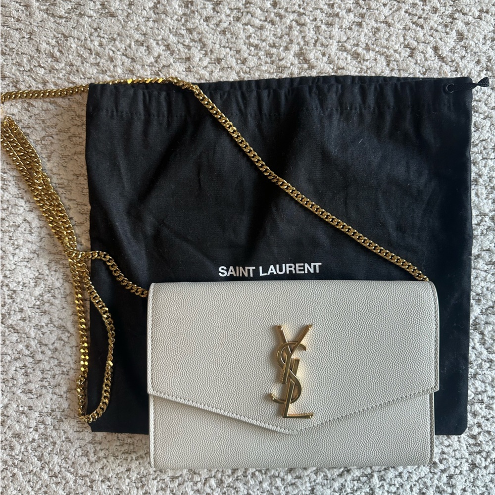 SAINT LAURENT Uptown Chain Wallet in Grain De Poudre Embossed Leather
